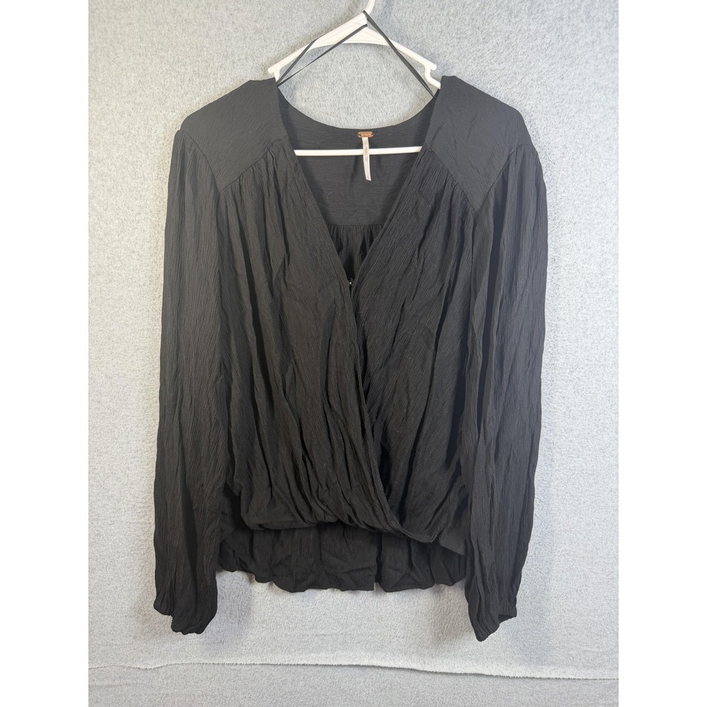 Free People Blouse Womens Large Black Crinkle Surplice Long Sleeve Boho Top